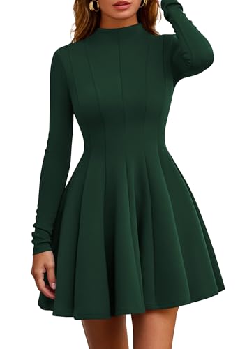 PRETTYGARDEN Fall Dresses for Women Elegant Classy 2026 Casual Long Sleeve Swing A Line Ruffle Short Homecoming Party Dress (Dark Green,Large)