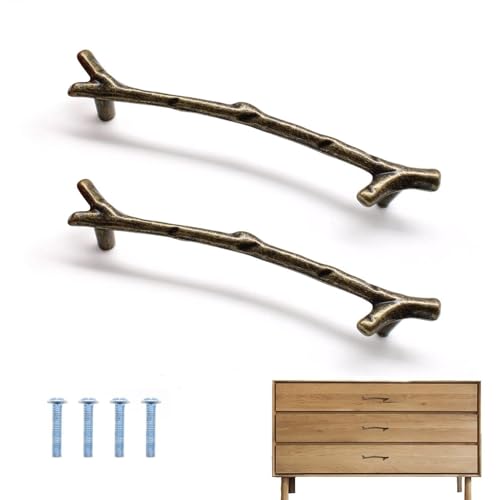LERANXIN 2 Pièces Poignée de Meuble Vintage, Poignee de Tiroir au Design Branche, Poignée de Placard en Bronze, Entraxe 128 mm, pour Bureaux, Tiroirs,...