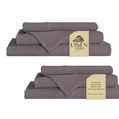 Image of Linen Home 2-Pack King Sheet Set, 100% Cotton Percale Bedding, 8-Piece Value Bundle, Deep Pocket Cooling Bed Sheets for Hot Sleepers, Breathable & Crisp Hotel Quality, Long-Staple Cotton, Charcoal