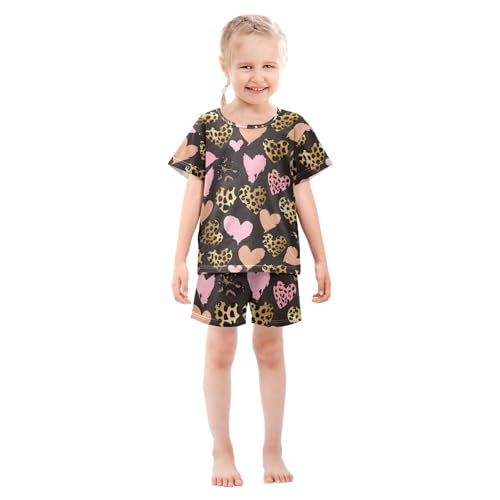 ALAZA Leopard Love Heart Pajamas Short Sleeve 2 Piece Sleepwear Top and Bottom Pajama Set Unisex3