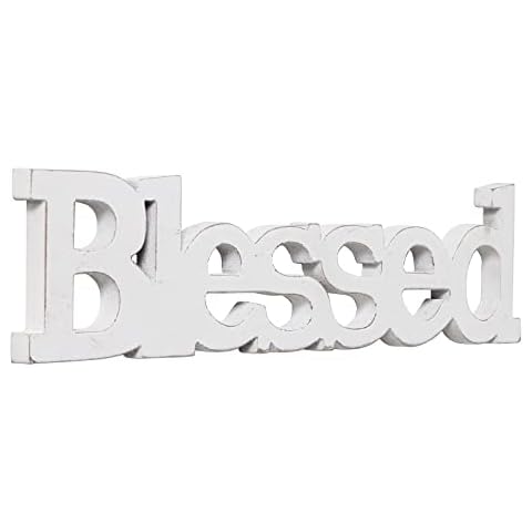 Farmhouse White Wood Blessed Letter Sign for Shelf 15", Handmade Thanksgiving Signs Decor, Wooden Christmas Signs for Home Decor, Wall Hanging for Baby Shower, Dining Room(Blessed) Cover