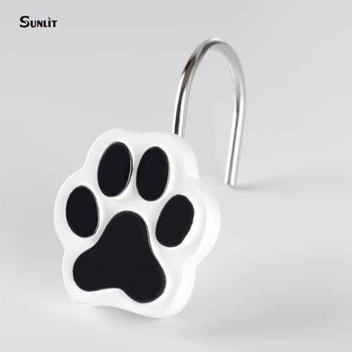 Sunlit Cute Paw Print Decorative Shower Curtain Hooks for Dog Cat Bear, Resin, Lovely Shower Curtain Rings for Kids, Bathroom Decoration Curtain, 12 Pack, Black and White