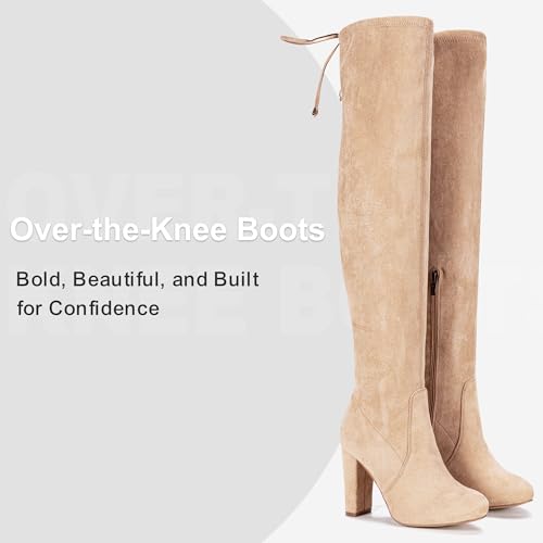 Image of Vepose Women's Suede Thigh High Over the Knee Boots with Block Heel | Above knee heeled silhouette, Tall shaft, Long boot shape, Inside zipper, 3.5 in heel, Skirt and jeans styling, Concerts