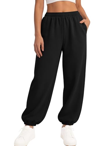 LOMON Sweatpants Women Fleece Joggers Wide Leg Sweat Pants Baggy Gym Workout Sweatpant Winter Spring Inner Drawstring Clothes with Pockets (Black M)