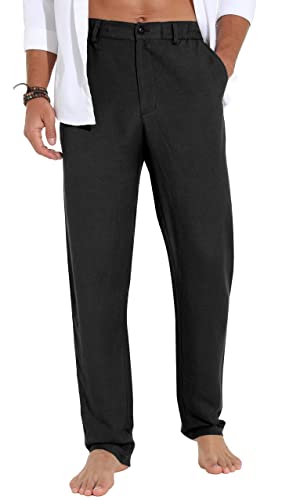 Sailwind Men's Summer Beach Linen Pants Casual Lightweight Elastic Waist Drawstring Loose Pants Black #TOP2