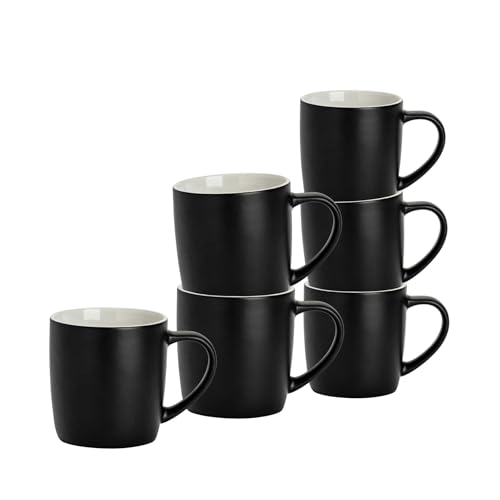 Argon Tableware Coloured Coffee Mugs - Matte Black - 350ml - Pack of 6 - Matt Ceramic Stoneware Latte Cappuccino Cups Hot Chocolate Cups Colourful Mug Set with Handle