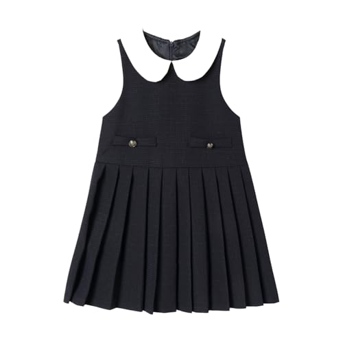 Mud Kingdom Girls Tweed Dress Peter Pan Collar Sleeveless Midi Dress with Metal Buttons Navy Blue