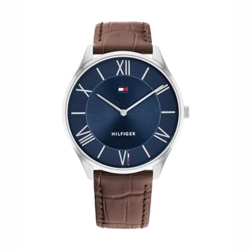 Image of Tommy Hilfiger Becker Quartz Basic Slim Navy Dial Brown Leather Strap Analog Watch for Men