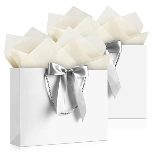 Image of JMANNI White Gift Bags with Handles, 11 inch Small Gift Bag for Presents, 2 Pcs Bags with 4 Tissue Paper and 2 Cards for Baby Shower Wedding Bridal Shower Mother's Day Birthday Party( White