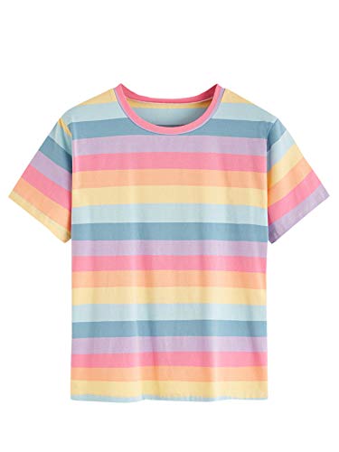 SweatyRocks Women's Casual Loose Short Sleeve Round Neck Striped Tee Shirt Top