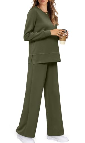 Image of WIHOLL Women's 2 Piece Lounge Sets Sweatshirt Casual Travel Outfits Fashion Wide Leg Tracksuit Cozy Sweatsuits