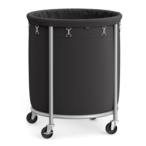 SONGMICS 18.5-Gallon (70 L) Laundry Basket with Wheels, Rolling Round Heavy-Duty Laundry Hamper Cart with Steel Frame and Removable Bag, 2 Locking Wheels, Ink Black and Metallic Silver URLS0