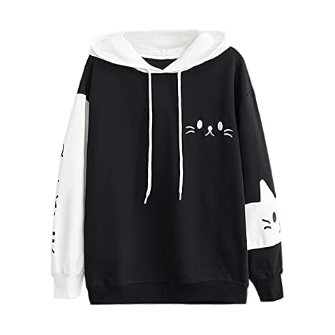 xHxttL Women Cute Bunny Ear Hoodie Fuzzy Fluffy Rabbit Sweater Sweatshirt Pullover Tops Long Sleeve Kawaii Jacket Coats Cat Print Hoodies Cat Ear Pullover Thin Hoodie Tops Cover