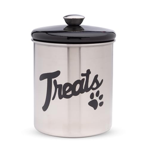 Stainless Steel Dog Treat Jar with Airtight Lids – Holds Up to 2 lbs – Pet Food Storage Bin for Dog & Cat Treats – Decorative & Durable Canister