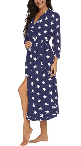Image of VINTATRE Robes for Women Long Knit Bathrobe XS-4XL | 3 /4 Sleeve Bathrobes with Pockets, Stretchy and Lightweight Fabric, Inner Tie and Fixed Outer Matching Belt, Mid Calf Length