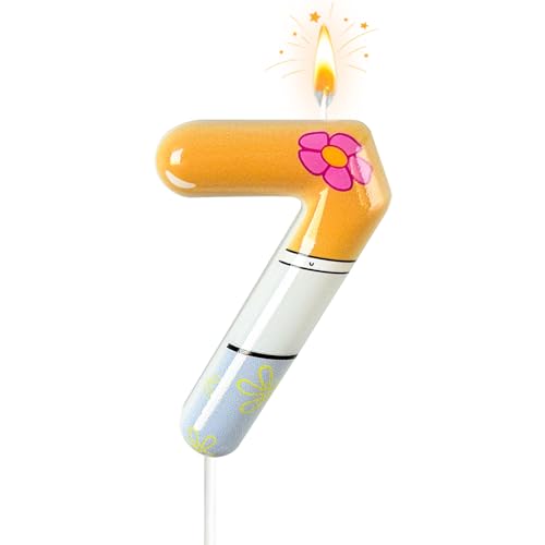 NHJINX Light Gray & White Number 7 Birthday Candle with Pink Flower Decoration for Cartoon Theme Parties