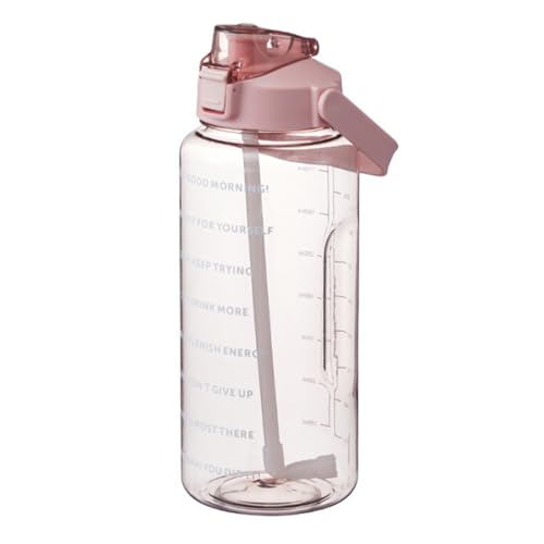 Botellas de agua de 2 L, botella portátil de gran capacidad con asa, botellas de agua deportivas con popote y marcador de tiempo, botella de bebidas a prueba de fugas para exteriores (rosa)
