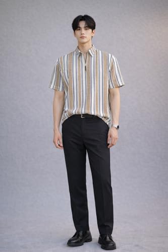 Image of London Hills Men's Loose Fit Half Sleeve Vertical Striped Polo T-Shirt with Zip Collar | Premium Polyester Fabric | T Shirt for Man | Tshirt | Shirts Men | Tshirt for Man | Men T-Shirts