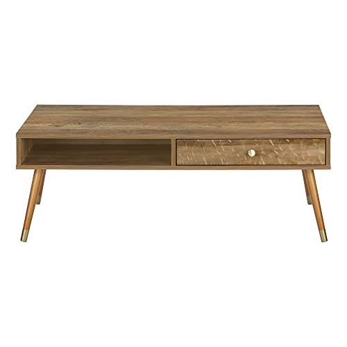 Monarch Specialties 2836, Accent, Cocktail, Rectangular, Storage, Living Room, 44" L, Wood, Laminate, Coffee Table Mid-Century With A Drawer, 43.5" L X 23.25" W X 15.5" H, Walnut/Gold #TOP3