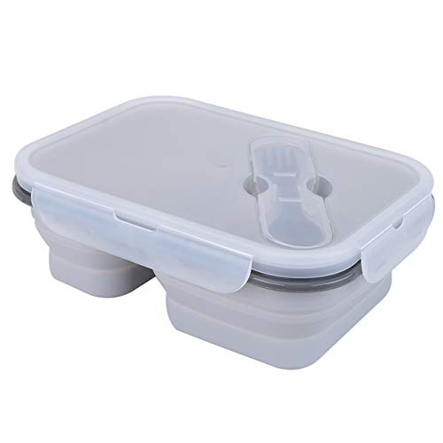 Ousyaah Boîte à Lunch Pliante, Boîte à Déjeuner en Silicone pour Enfant Adulte, Boîte à Repas avec Deux Compartiments et des Couverts, sans BPA, pour Micro-Ondes et Lave-Vaisselle (Gris Clair)