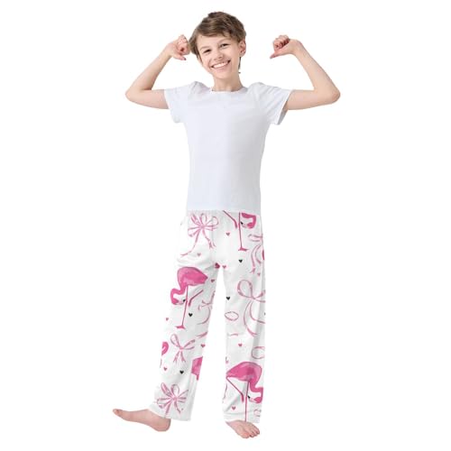 Flamingo Bow Boys Pants Boys Athletic Pants Long Pant for Boy with Pockets Wide-Leg Size 6-14Y3