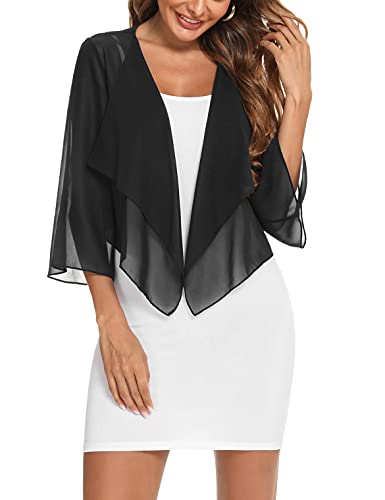 Aottori Cardigan Boléro Court Femme en Mousseline de Soie Gilet à Manches Évasées 3/4 Boléro Veste Chic pour Robe Bretelle Mariage Noir XL