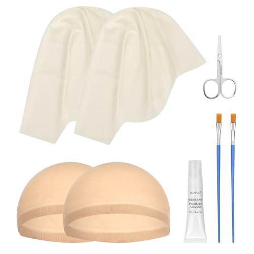 8PCS Professional Bald Cap Kit for Men Women Halloween Costume Makeup SFX Makeup Accessories with Prosthetic Adhesive Nude Wig Cap Safety Scissors Painting Brush Perfect for Cosplay Dress-Up & Theatre