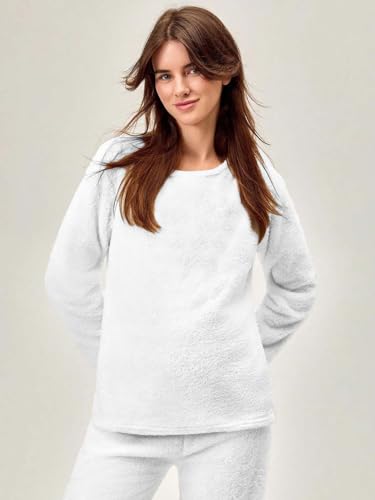 Image of KOTTY Girls White Winter Set Warm Fleece Cozy Full Sleeve Top and Pant Set