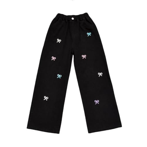 Girls Baggy Jeans Elastic High Waist Bow Embroidery Wide Leg Trousers 𝗬2K Streetwear Denim Pants with Pocket