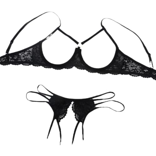 Generisch Lencería sexy para mujer Comprar y tanga Tanga Transparente Encaje Ropa Interior Push Up Sujetador de malla transparente Tirantes de espagueti Babydoll 2 piezas, O negro., M