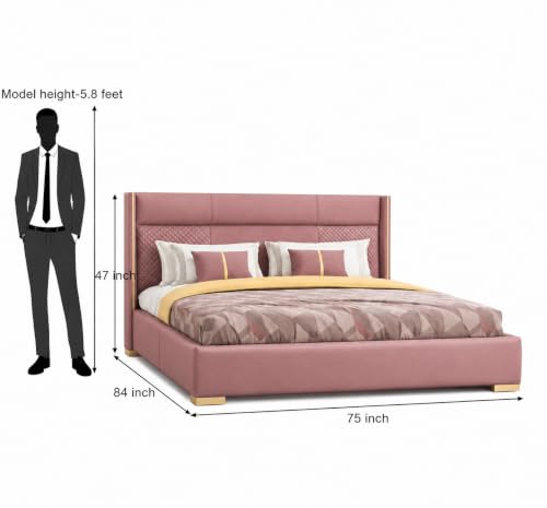 Image of Royal Modern Upholstered King Size Bed with Hydraulic Storage for Bedroom | Wooden Double Beds for Home & Hotels | Platform Cot Bed with Upholstery Fabric, 6.5 x 6 Ft | Sheesham, Onion Pink