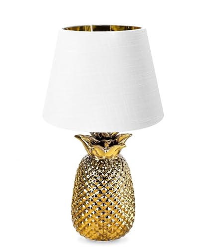 Navaris Tischlampe im Ananas Design - 40cm hoch - Deko Keramik Lampe für Nachttisch oder Beistelltisch - Dekolampe mit E27 Gewinde in Gold-Weiß