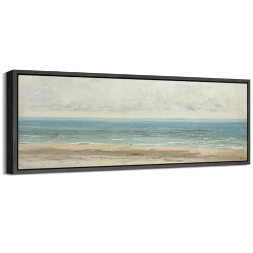 Image of MUDECOR Large Framed Canvas Print Wall Art Classic Coastal Shore Neutral Toned Seascape Antique Retro Ready to Hang Painting for Living Room Bedroom Multi-Sizes - 60 inchx20 inch