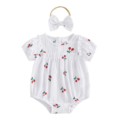 Lullnaxe Newborn Baby Girl Summer Outfit Cherry Print Short Sleeve Bubble Romper Cute Round Neck Smocked Bodysuit (White 3-6 Months)