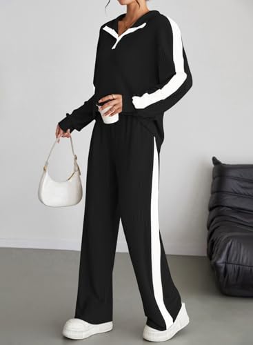 Pink Queen Womens 2 Piece Lounge Sets 2025 Fall Outfits Henley Neck Ribbed Striped Sweatsuits Matching Set3