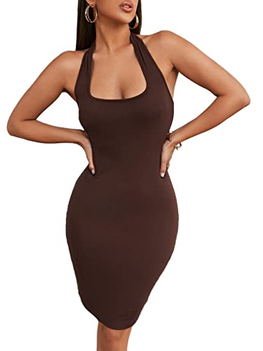 SheIn Damen Neckholder Kleid Figurbetontes Minikleid Ärmellos Bodycon Partykleid Freizeikleid Rückefrei Kleider Schokoladenbraun S Cover