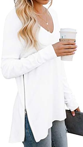 PrinStory Women's Fall Casual V Neck Long Sleeve T Shirt Split Tunic Tops With Side Zipper White-Large