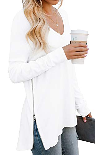 Prinstory Women's Fall Casual V Neck Long Sleeve T Shirt Split Tunic Tops With Side Zipper White-Large #TOP1