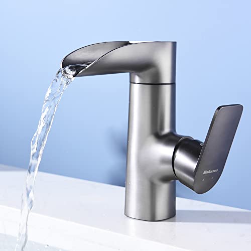Rainovo Wasserfall Badezimmer Wasserhahn, Badezimmer Wasserhahn mit 360° schwenkbarem Wasserfall Auslauf, Einloch Wohnmobil Waschbecken Gefäß Waschtisch-Wasserhahn, grau Cover