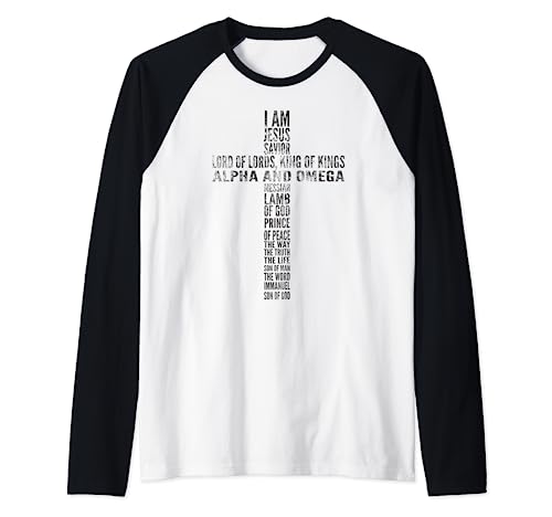 T-shirt con scritta "Names of Jesus Cross" Maglia con Maniche Raglan