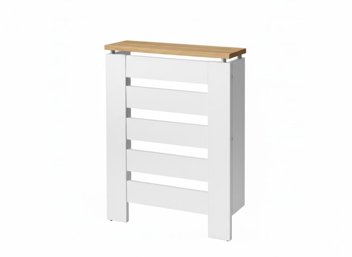 D&J Muebles Kit Cubre Radiador Blanco y Roble 60cm Moderno Hércules | Mueble Decorativo con Listones | Fácil Montaje (60cm, 90cm, 120cm) | 60x83,5x19,5