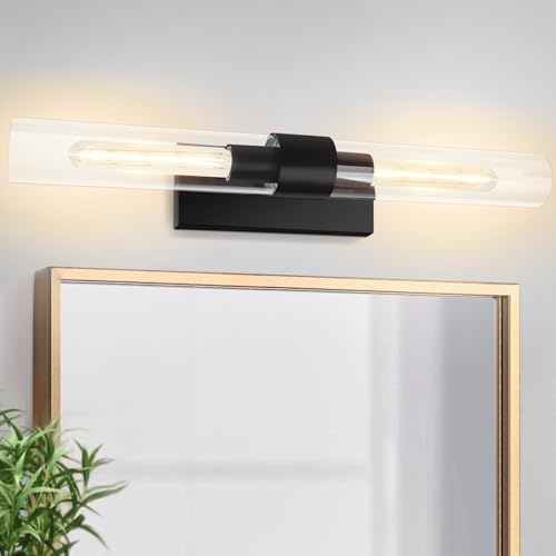 Image of Glass Tube Wall Sconces, 24in Bathroom Vanity Light Fixtures 2-Light Double Glass Sconces Wall Lighting Bathroom Wall Lights for Mirror,Bedroom, Hallway (Including Extra Bulbs)-Matte Black