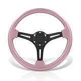 AJP Distributors Car Steering Wheel,Universal Steering Wheels,350mm 14' 6 Bolts Holes Heavy Duty Steering Wheel w/Horn Button, JDM VIP 3 Spoke Aluminum Black Center w/Pink Trim
