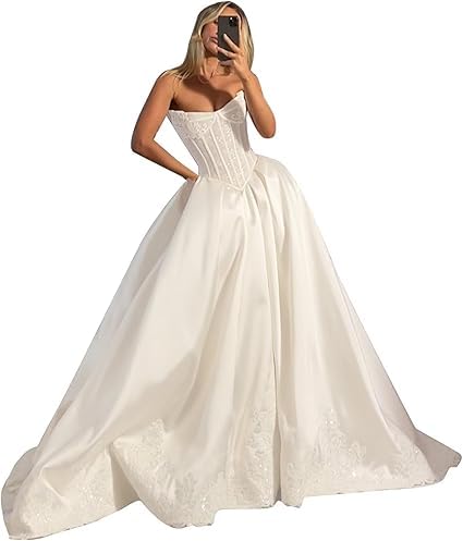 Satin-Brautkleider, trägerlos, Korsett, Brautjungfernkleid, Spitzenapplikationen, rückenfrei, formelles Abendkleid, elfenbeinfarben, S