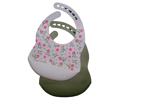Floral Print Baby Bib with Adjustable strap, Sage and Marble with Pink Roses Pattern,Bowl and spoon included. 4 piece2