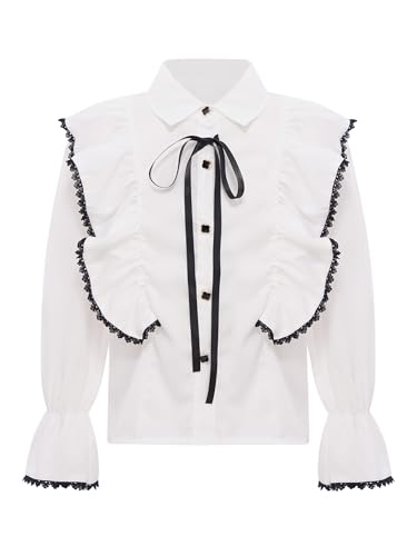 Kids Girls Long Puff Sleeve Bowknot Lace Trim Button Shirt Princess Party Blouse Top School Uniform Formal Shirt3