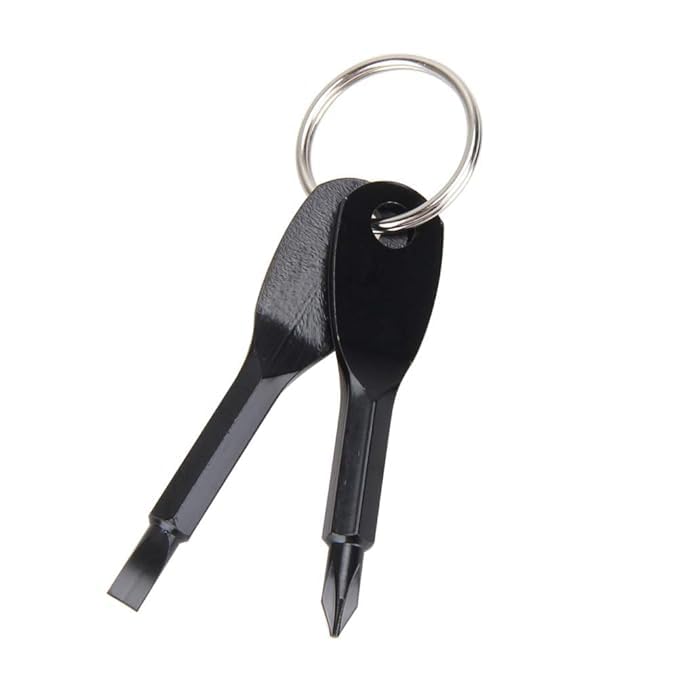 Stainless Steel Mini Slotted Screwdriver Key Shape Keychain Pocket Repair Tool EDC Outdoor Multifunction KeyChain Silver Ring Black Phillips Cross Tool Keychain Easy To Carry [ 7x1x1 CM ]