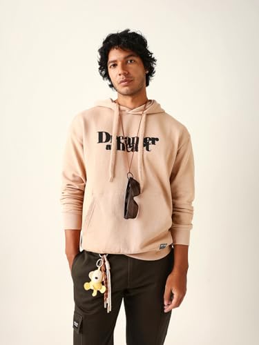 Image of THE BEAR HOUSE Men's Beige Printed Hoodie | Relaxed Fit Casual Hooded Sweatshirt with Kangaroo Pocket