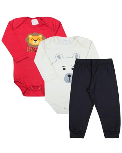 Kit Roupa De Bebe 3 Peças Body Manga Longa Estampado e Calça Mijão Algodão Menino e Menina (GG, Meni