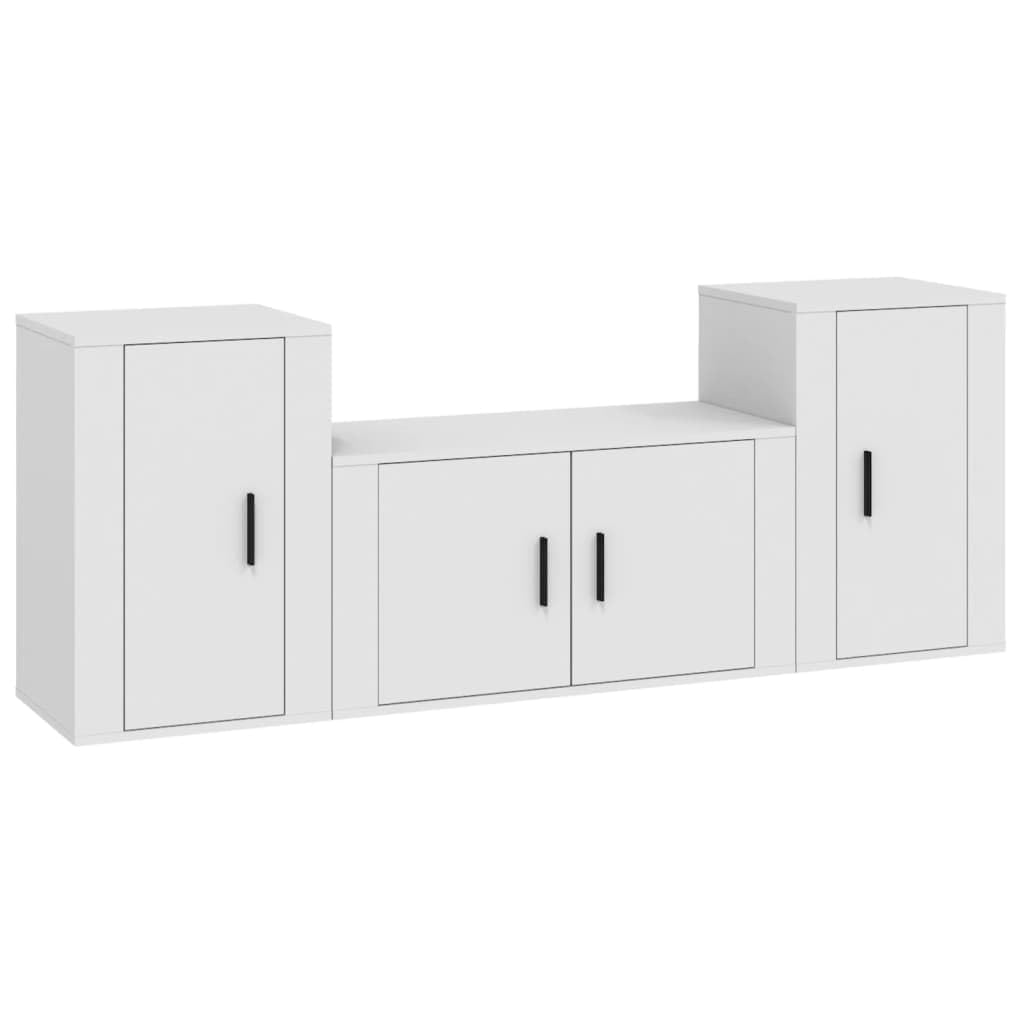 3-TLG. TV-Schrank-Set, Weiß, Holzwerkstoff, Modernes Media-Center für Wohnzimmer, Schlafzimmer, Stabile TV-Konsole, Wandmontage, Reichlich Stauraum